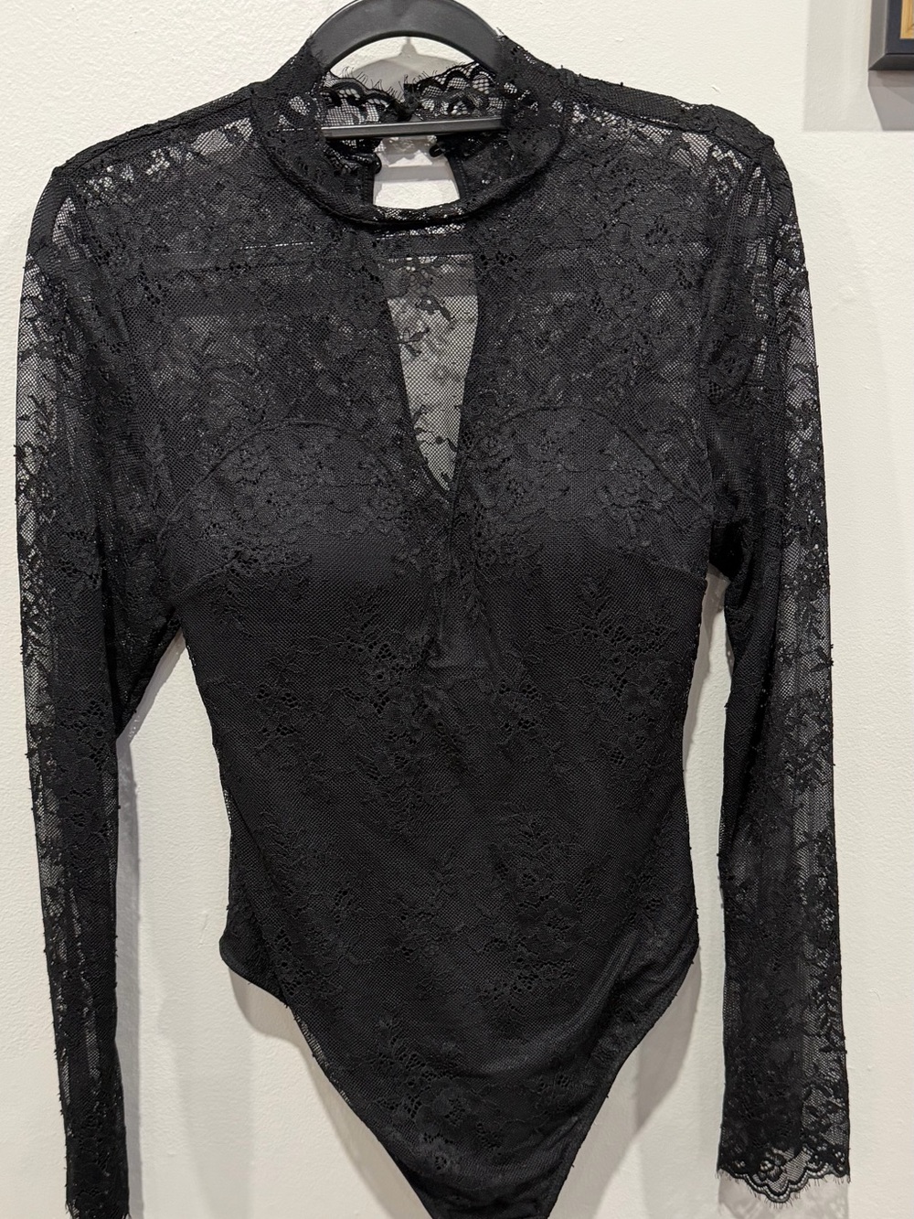 Women's Black Lace Long-Sleeve Bodysuit with Keyhole Neck